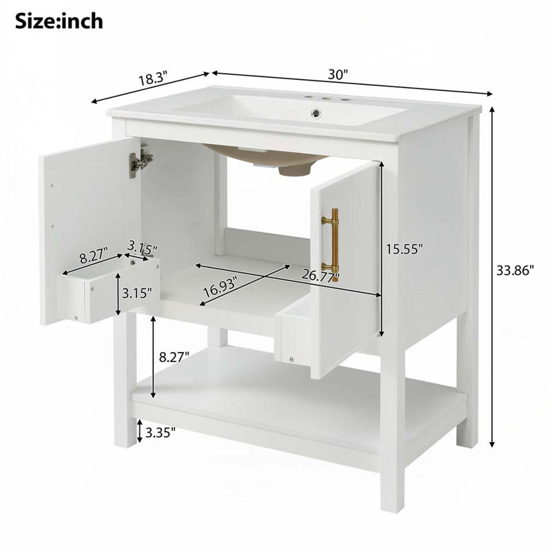Meuble-lavabo avec lavabo en céramique, 2 portes et tablette, Blanc
