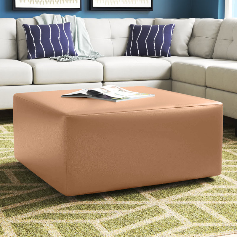 Balf 36" Faux Leather Square Pouf Ottoman, Bronze