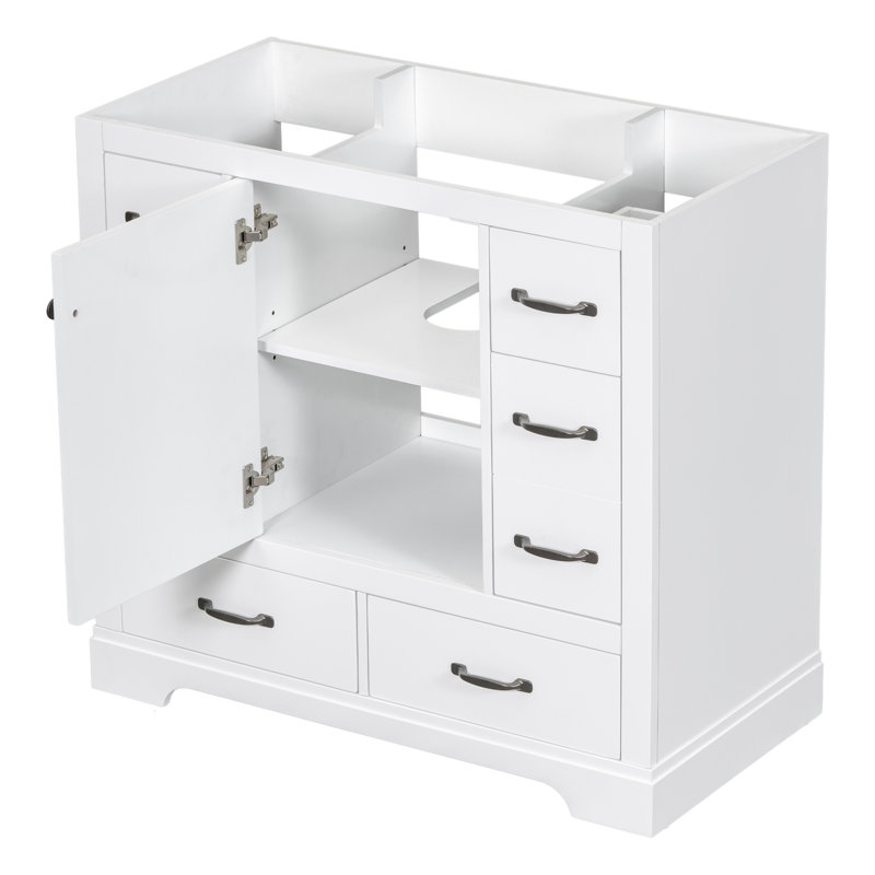 Base de meuble-lavabo 36 po seulement - blanc, 6 tiroirs, tablette réglable, bois massif et style moderne sans évier