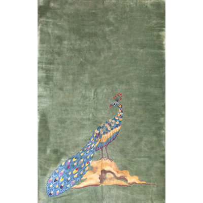 Tapis chinois antique à motif de paon en laine noué à la main couleur écume de mer