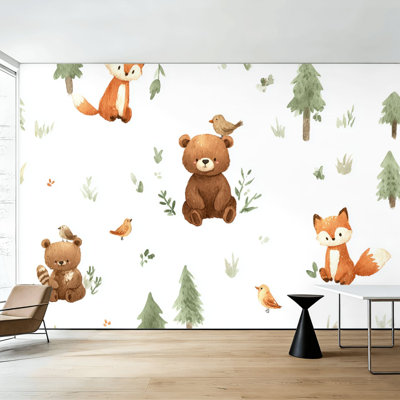 Papier peint adhésif pelez et collez, animal de forêt, mignon, chevreuil, ours, bébé, murales murales brunes, H 100 po x l 144 po, papier peint amovible en PVC, adhésif mural pour chambre à coucher, salon, salle à manger