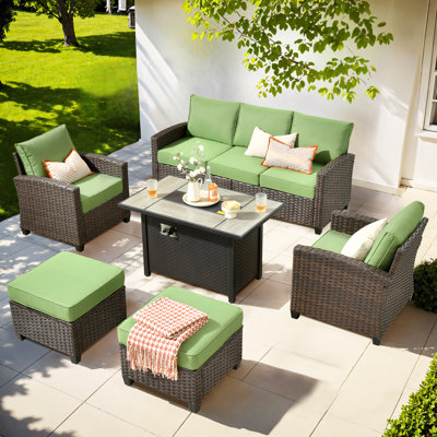 Lou 5 - Person Wicker Outdoor Conversation Set, Patio Sofa Set with Fire Pit and Cushions