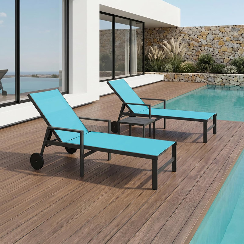Chaise longue d'extérieur en aluminium thermolaqué avec table, Bleu