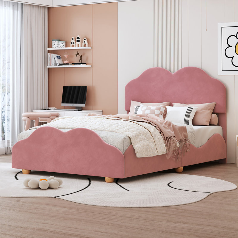 Jahdari Upholstered Platform Bed with Cloud Shaped bed board, Dark Pink, Full / Double