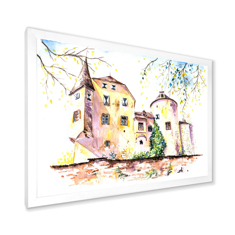 Château jaune rétro - peinture sur toile, H 24 po x l 32 po, Toile avec cadre blanc