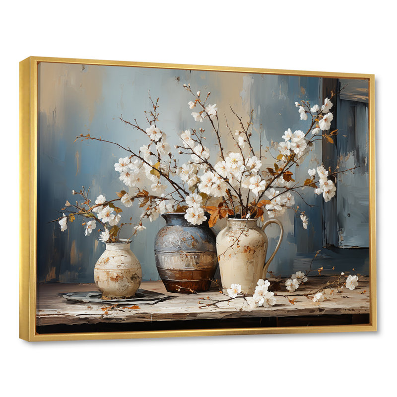 Art mural de poterie et de fleurs nature morte I, H 16 po x l 32 po, Reproduction avec cadre flottant, Doré