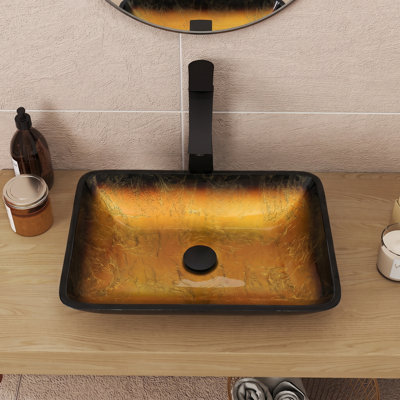 16 Inch Round Gray Tempered Glass Bathroom Sink Above Counter Vessel Sink with Black Pop-Up Drain