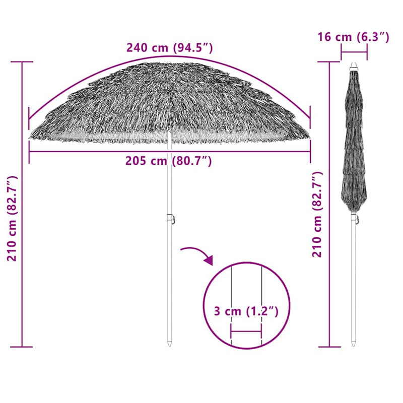 Beach Parasol Natural Polyester and Steel Outdoor Umbrella Sun Shade, Brown, 209.5cm H x 206cm W x 206cm D