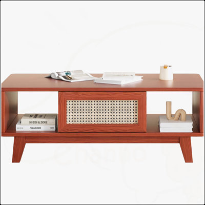 Table basse Mid-Century moderne avec tiroir en rotin, table de salon en bois avec rangement et pieds en bois massif