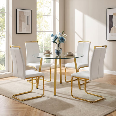 5-Piece 42" Modern Elegant Round Tempered Glass Dining Set with Cantilever Chairs