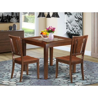 3 Piece Dining Set Contains a Square Dining Room Table and 2 Kitchen Chairs, Mahogany