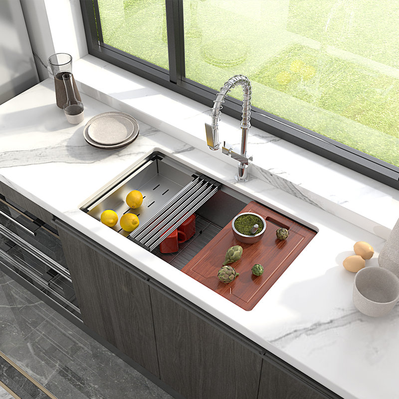 Sinber 33" Farmhouse Apron-Front Single Bowl Workstation Kitchen Sink, 16-Gauge T304 Stainless Steel, Satin Finish