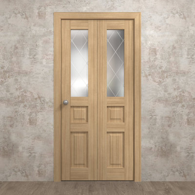 Portes coulissantes pliantes pour placard 60 x 96 pouces Ego 5011 Chêne naturel, rails robustes, moulures, garnitures, quincaillerie, bois massif, portes de placard de chambre