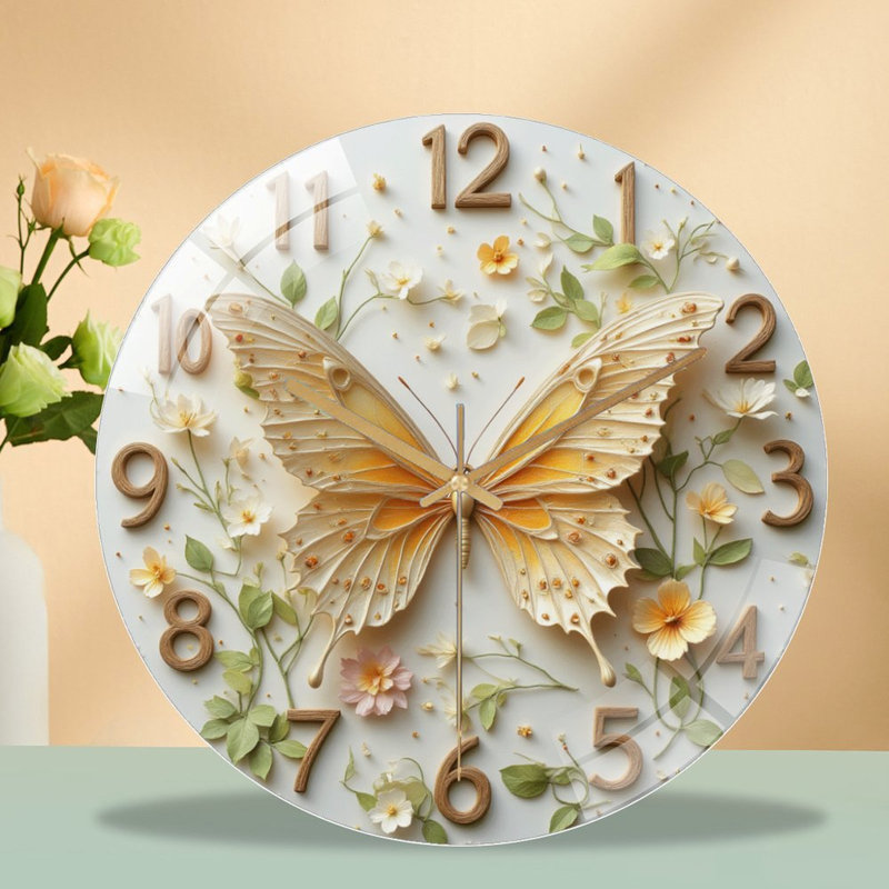 Horloge murale papillon avec motif floral et décoration intérieure - Horloge murale moderne en verre 12 po