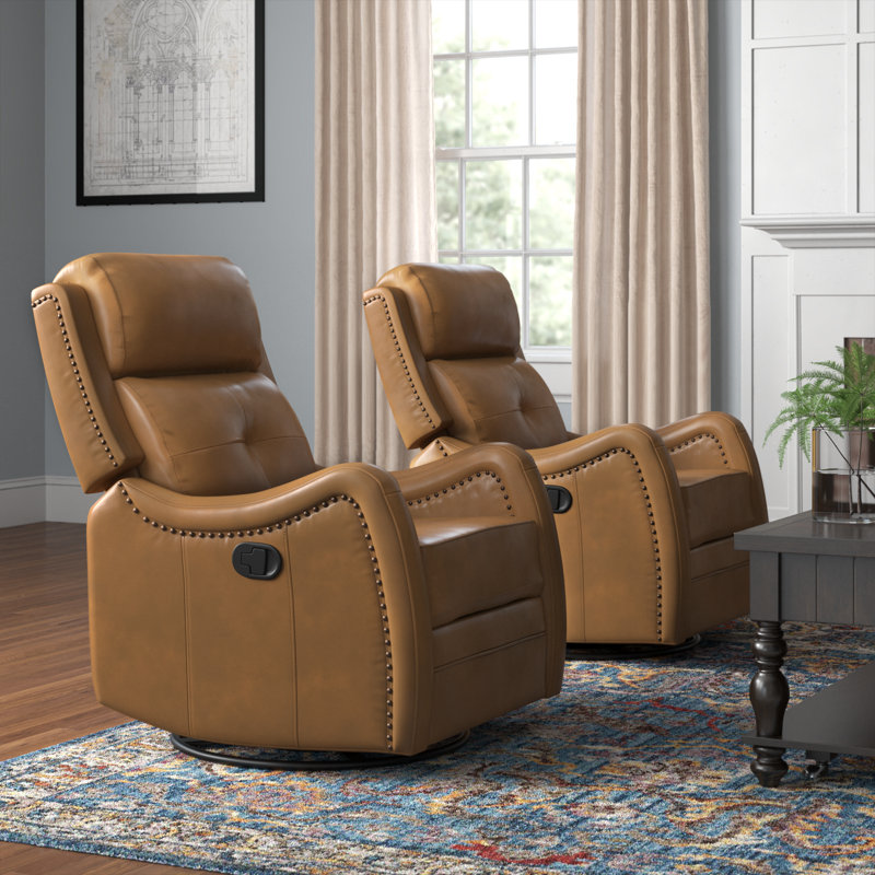 Amaty 28.4" W Genuine Leather Swivel Glider Recliner, Camel