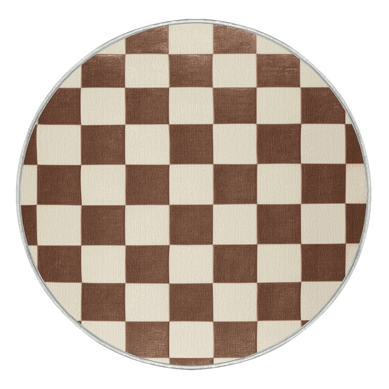 Tapis beige à carreaux lavable à la machine, Rond 5 pi