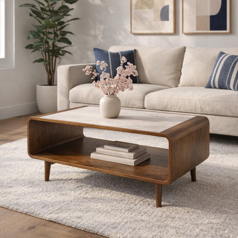 Adonia Modern Mango Wood & Travertine Coffee Table with Open Storage Shelf - 36"