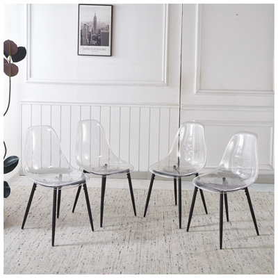 Modern Transparent Dining Chairs Set of 4, Black Plastic Shell with Metal Legs - Contemporary Kitchen & Dining Room Seating