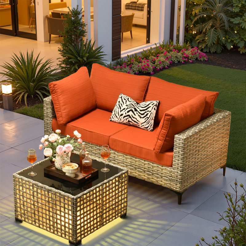 2-Person  Outdoor Sectional Loveseat Sofa With Cushions And Led Coffee Table ,All-Weather Wicker Patio Set, Orange