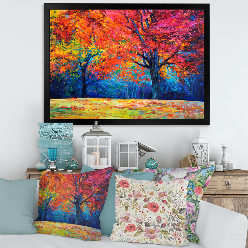 «Vibrant Red Tree in Autumn Landscape», peinture sur toile, H 16 po x l 32 po x p 1 po, Cadre photo noir