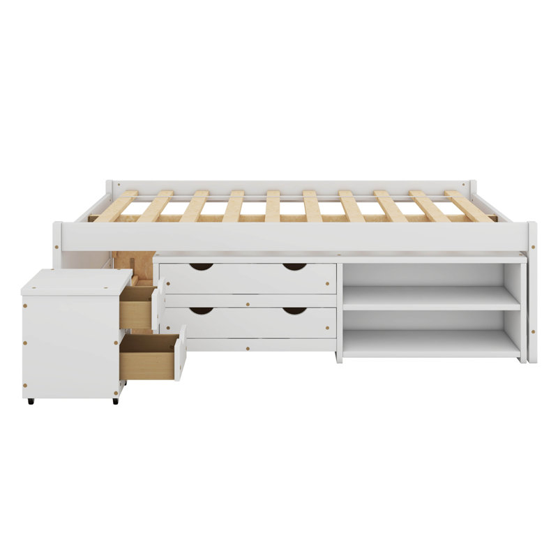  Structure de lit double Altona avec lit gigogne, 2 tiroirs, tablettes et table de chevet, Blanc