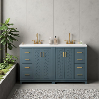 Meuble-lavabo double 60 po avec lavabos en céramique, armoire de rangement en bois massif