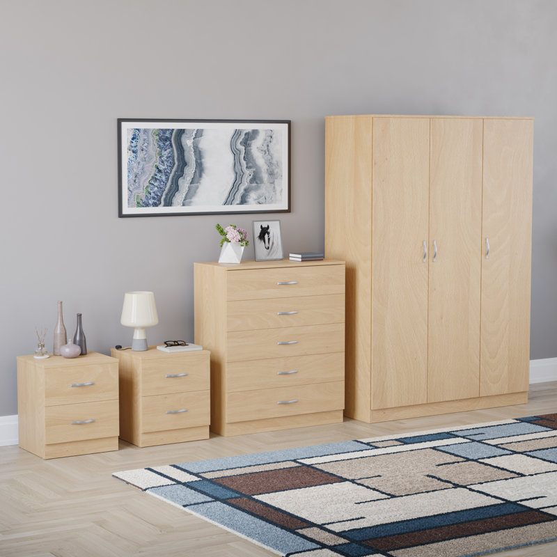 Tayce 4 Piece Bedroom Set (2 Drawer Bedside Chest X2, 5 Drawer Chest, 3 Door Wardrobe), Tan