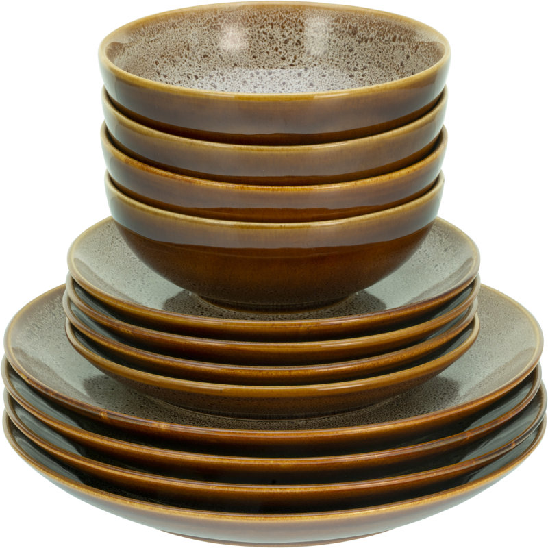 Reactive Nostalgic Black, Tableware Set, Plate Set 12 Pieces, Cognac
