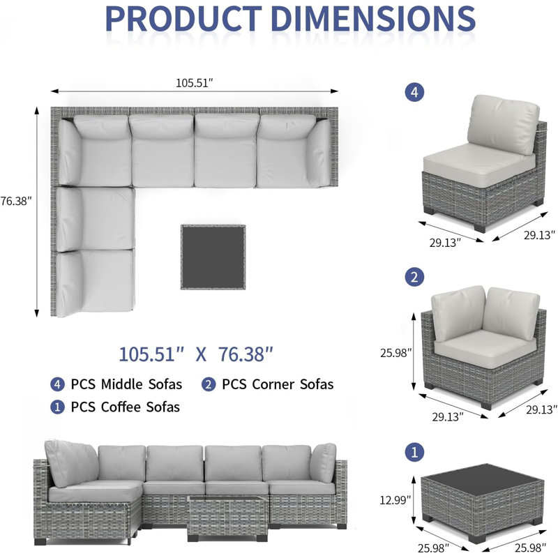 7 Pieces Outdoor Patio Furniture Set, Wicker Sectional Sofa Set Modular Conversation Couch Set with Cushions & Coffee Table