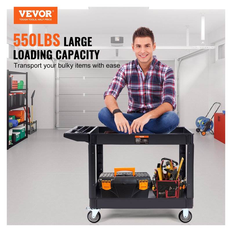 Chariot utilitaire robuste avec capacité de 550 lb de VEVOR, chariot de service roulant à 2 tablettes avec roues verrouillables