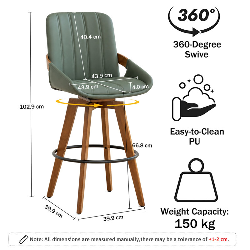 Swivel Upholstered Faux Leather Bar Stool, Green, Counter Stool (66.8cm Seat Height)