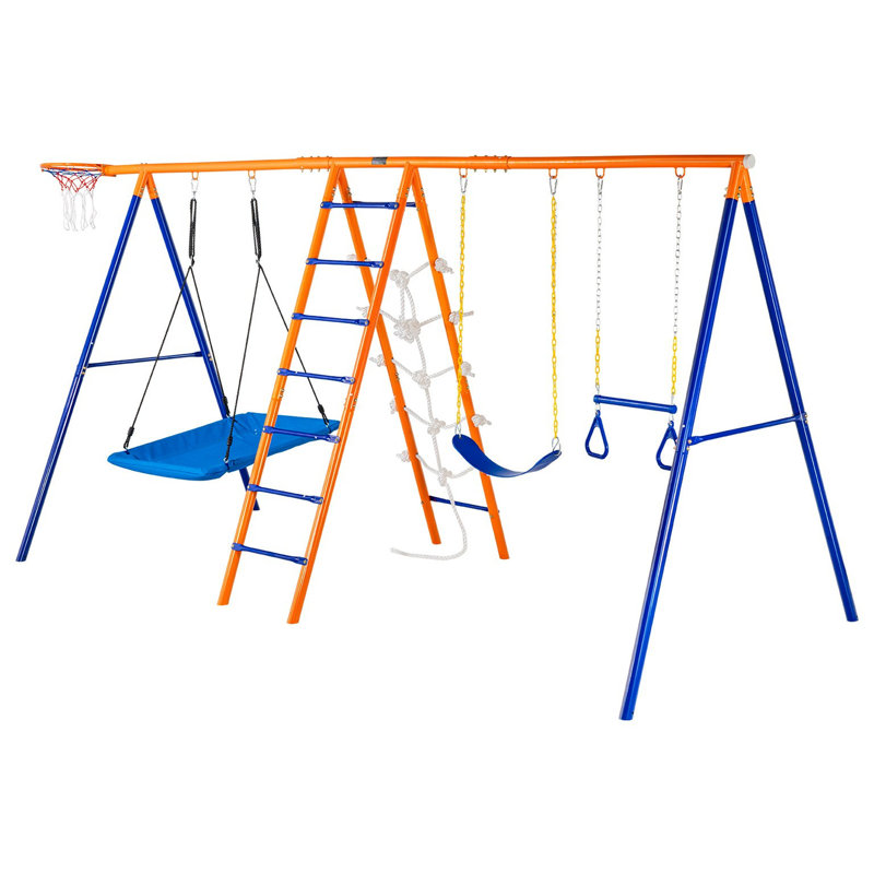 Balançoire 6 en 1 pour jardin, capacité 200 kg, structure en A avec deux balançoires, trapèze, filet d'escalade, cerceau, accessoires améliorés, toile, tubes en acier, poignées en caoutchouc souple, triple