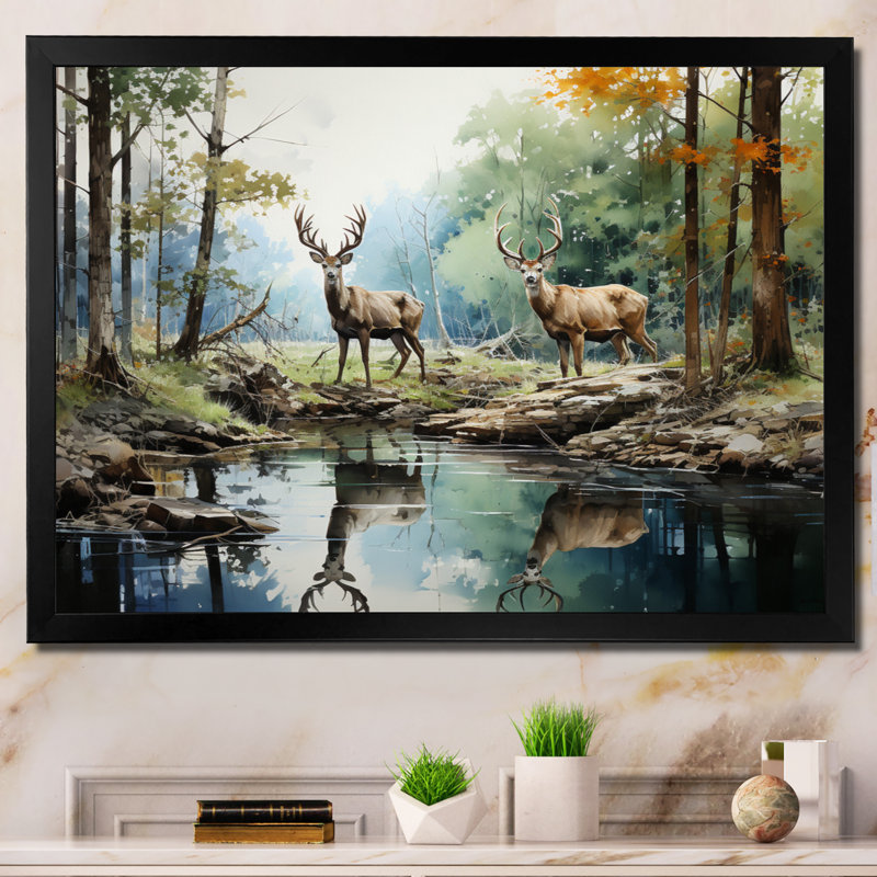 «Deer Majestic Reflections - Deer», reproduction d'art sur toile encadrée, Cadre simple noir, H 24 po x l 32 po x P 1 po