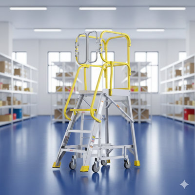 Aluminum Rolling Platform Ladder With Four Steps, Capable Of Supporting Up To 375 Pounds.