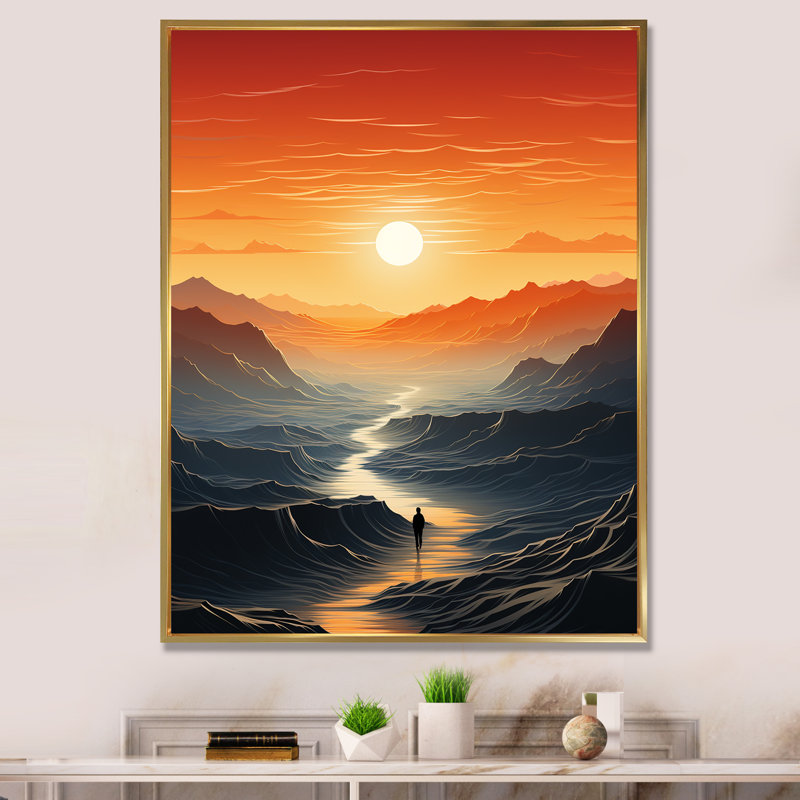 «Solutitude Desert Walk At Sunset» - art mural désert, Cadre flottant doré, H 20 po x l 12 po x P 1 po
