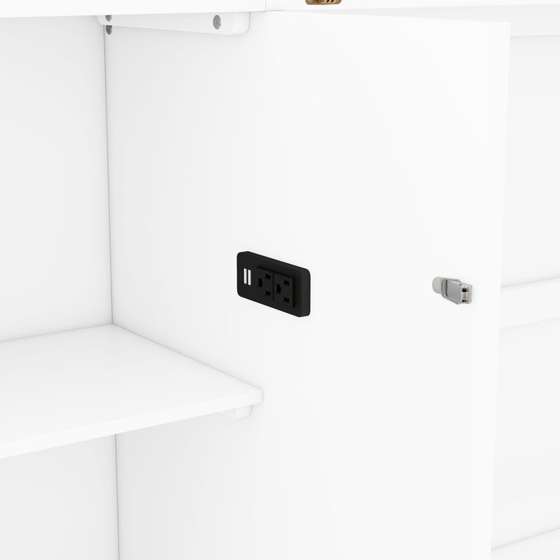 Lit pour petits espaces avec tablettes, tiroirs et rangement de tiroir blanc, tablettes, Blanc, Grand lit