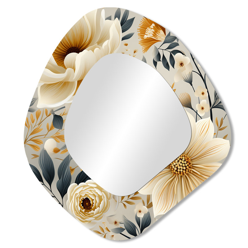 Neutrals Beige Flowers Boho Pattern - Boho Irregular Shape Wall Mirror, Bohemian Asymmetrical Decorative Mirror, Printed Metal Art