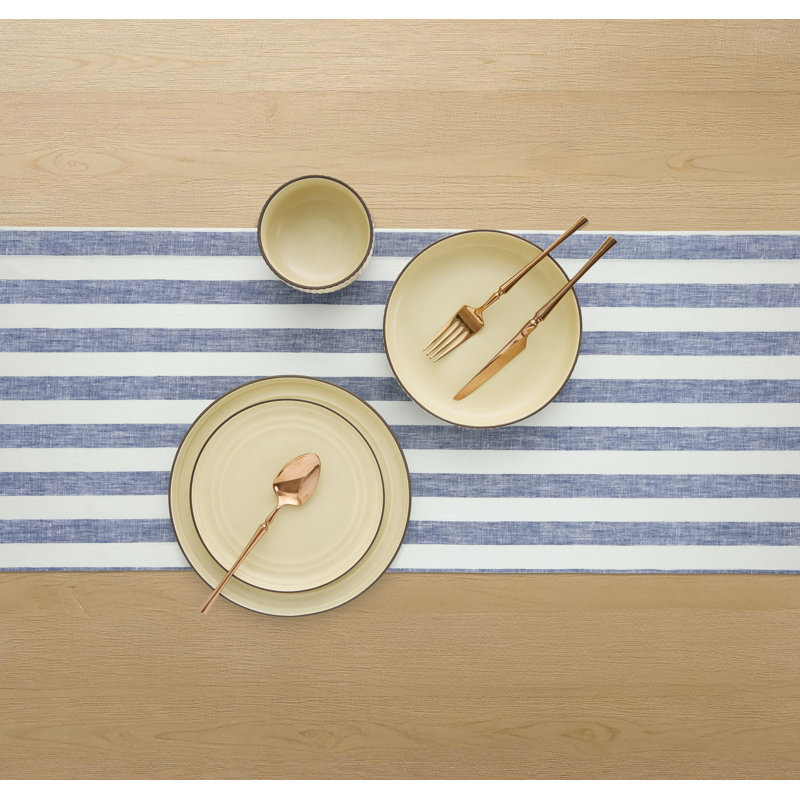 100% Pure Linen  Table Runner - Sorrento Stripe, 144" x 14", Navy/White