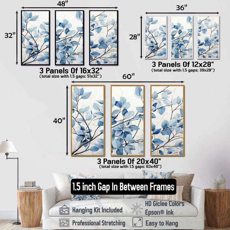 Orrington - feuilles, ensemble d'art sur toile, H 40 po x l 60 po x P 1 po, Cadre flottant en érable
