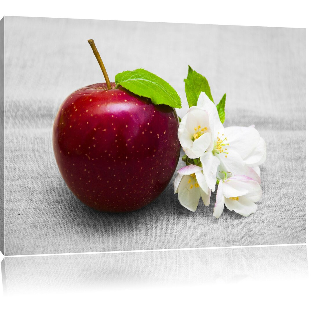 Leinwandbild Schöner roter Apfel mit Blüten in Rot/Grau/Gelb