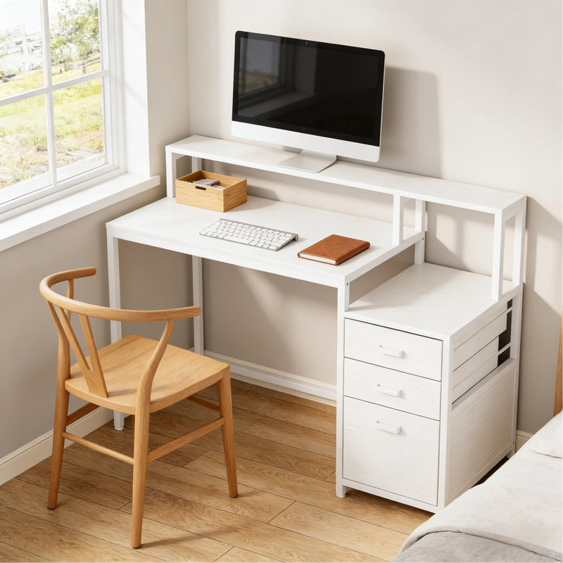 Bureau d'écriture robuste, bureau spacieux, bureau d'ordinateur à deux niveaux, Blanc, Blanc