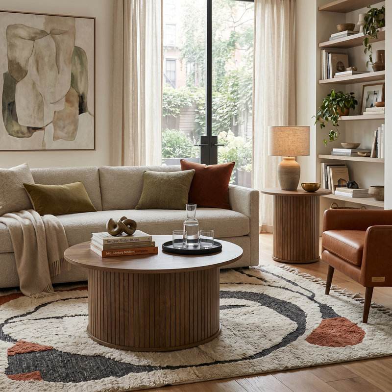 Aurel Fluted 2 Piece Living Room Round Coffee Table & End Table (Set), Brown