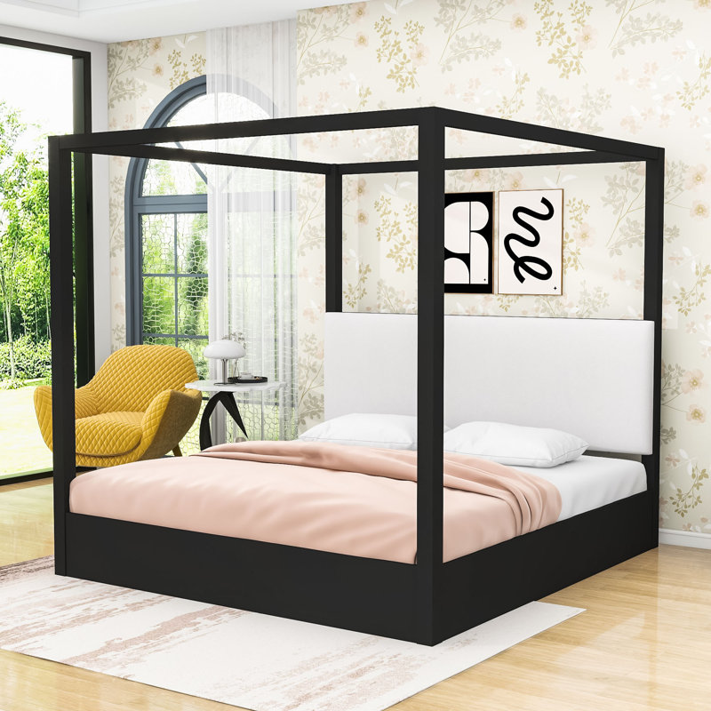 Lit plateforme à baldaquin en bois avec tête de lit tapissier, Noir, Très grand lit