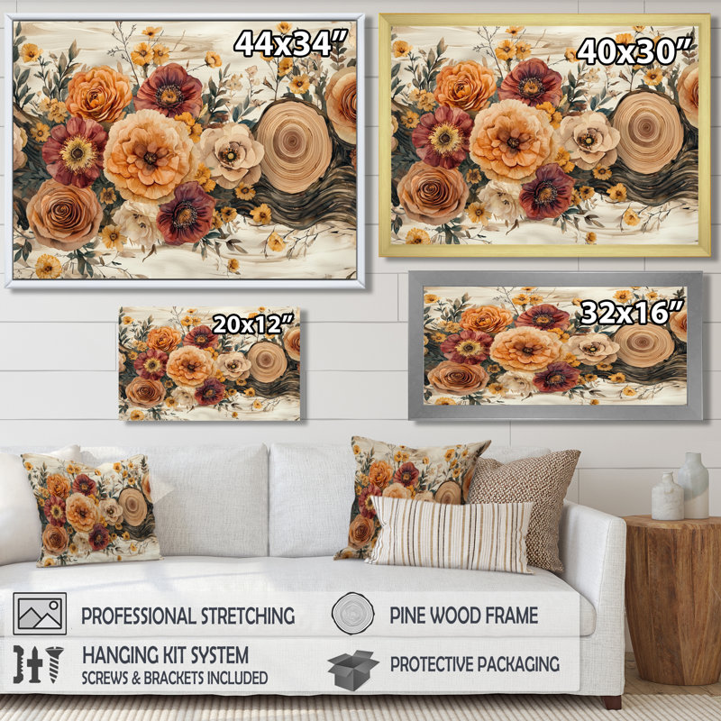 Bouquet d'automne assorti de fleurs sur une glissoire en bois, Floater Framed, 16" H x 32" W, White