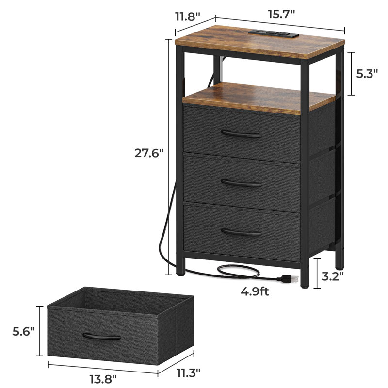 Table de chevet 27,6 po avec station de charge et rangement, ports USB et prises de courant, table de chevet avec tiroir et 2 tablettes ouvertes pour la chambre à coucher du salon