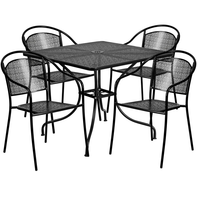 Chanea 35.5" Square Commercial Grade Steel Patio Table with 4 Round Back Chairs by Flash Furniture, Black