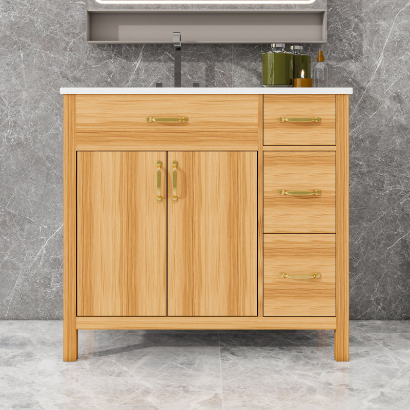 Meuble-lavabo 3 tiroirs avec lavabo en céramique, tablette réglable et armoire de rangement