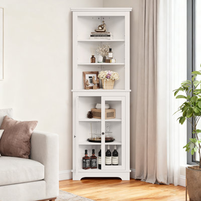 65" White Tall Modern Corner Storage Cabinet with Glass Doors 5-Tier Adjustable Shelves Space-Saving Display Cabinet
