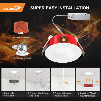 12pk 4inch Fire Rated Canless Smooth Downlight,2 hours Fire Rating ,5CCT,800Lm,IC Rated,Dimmable