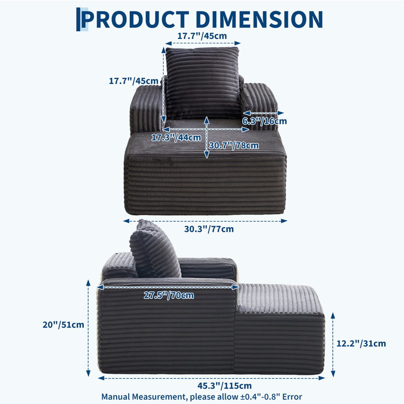 Fauteuil lounge d'intérieur sans os de 114 cm, canapé mini nuage avec coussin épais de 31 cm, chaise longue en velours côtelé doux